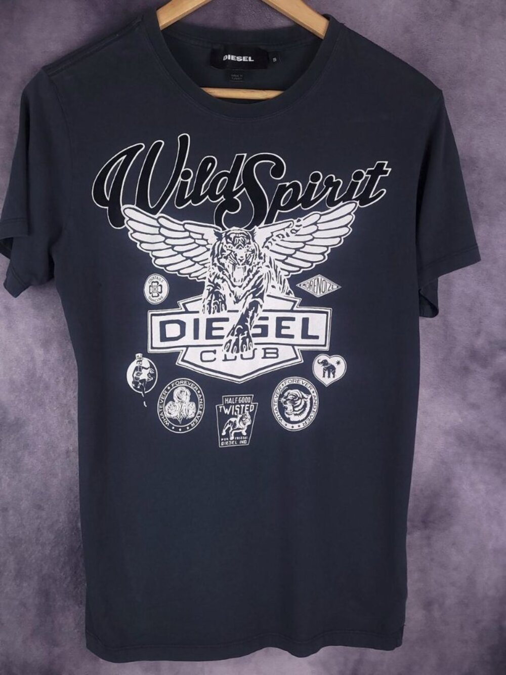 Diesel biker style gas station emblem charcoal grey shirt